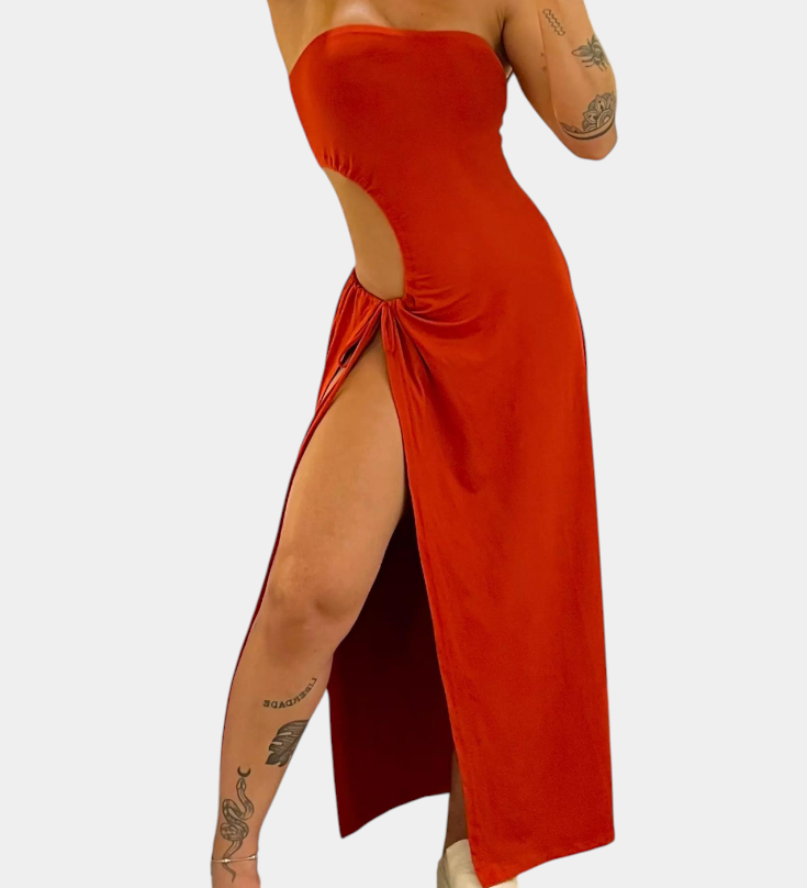 Robe Teuta Sans Bretelles avec Nœud Latéral et Fente Haute