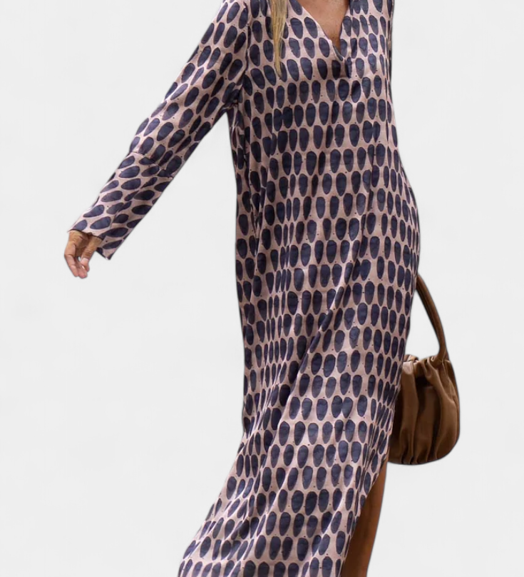Robe Longue Géométrique Breeze avec Fente Latérale et Décolleté en V
