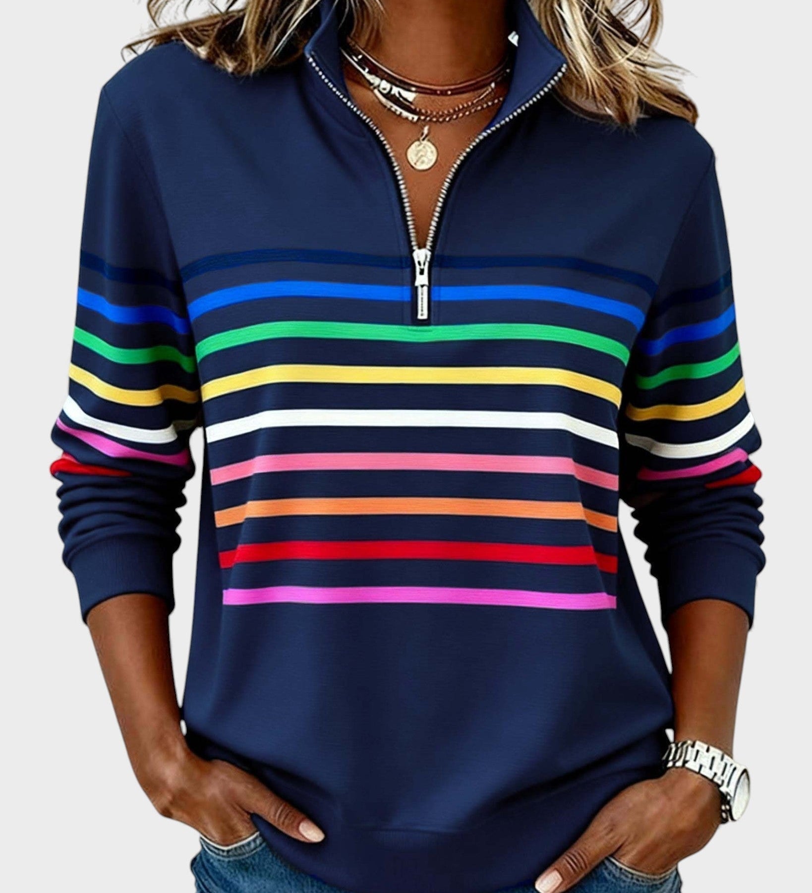Raquel™ | Sweat à capuche à rayures avec zip demi-long