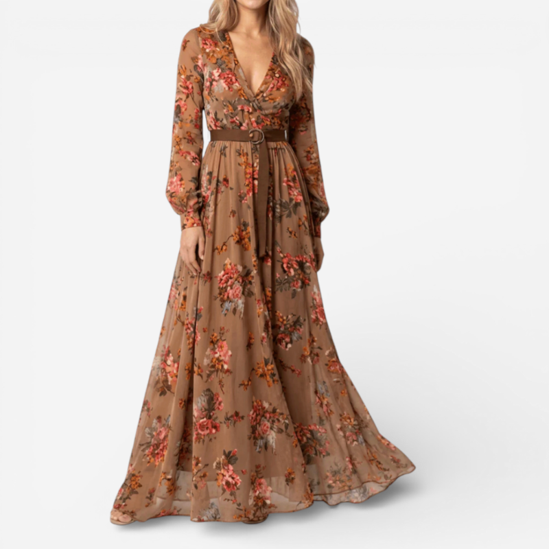 Lucía™ | Robe Maxi à Manches Longues avec Ceinture