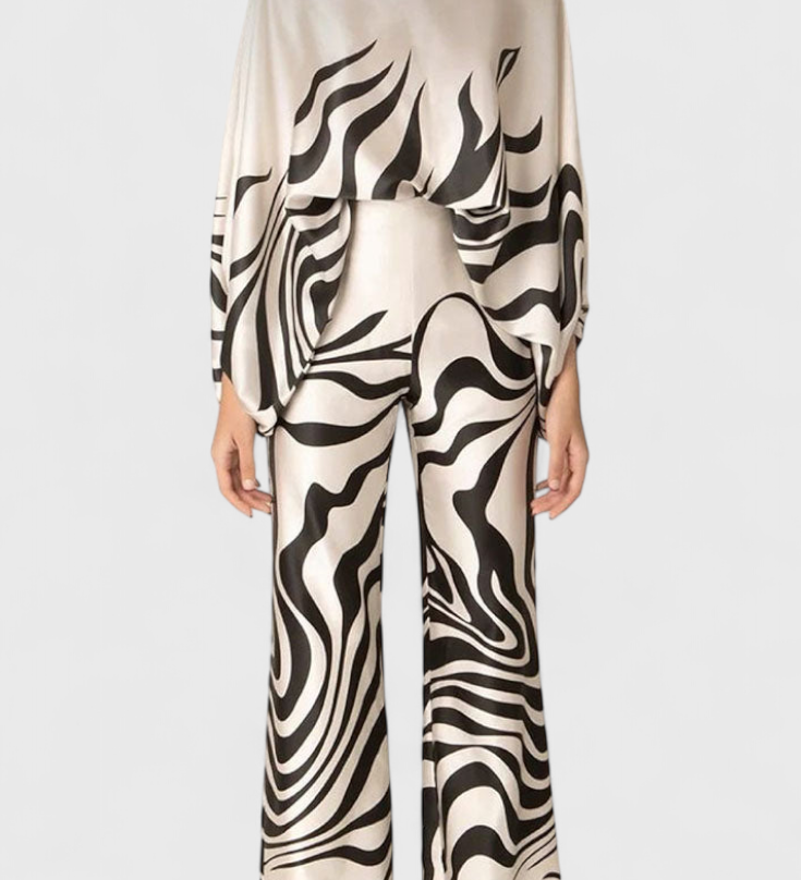 Ensemble imprimé Sybella à deux pièces avec pantalons à jambes larges