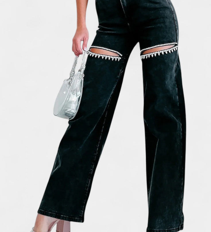 Jeans Evian Délavés à Jambe Droite avec Strass