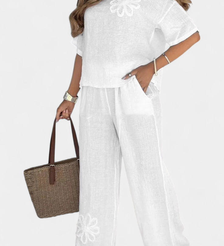 Ensemble en Lin Brodé Natalia Détendu avec Silhouette Ample