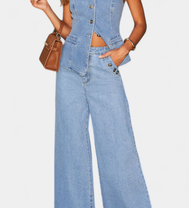 Ensemble Ludovica en Denim avec Gilet Ajusté et Jeans Évasés