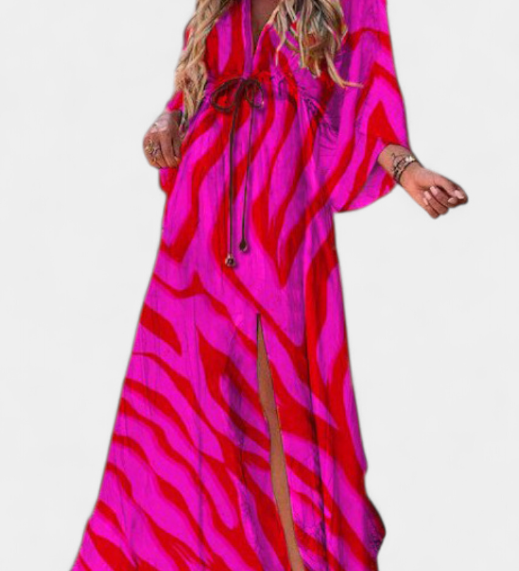 Robe Maxi Joelle Rainbow avec Décolleté en V et Manches Chauve-Souris
