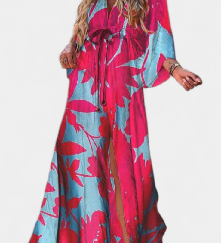 Robe Maxi Joelle Rainbow avec Décolleté en V et Manches Chauve-Souris