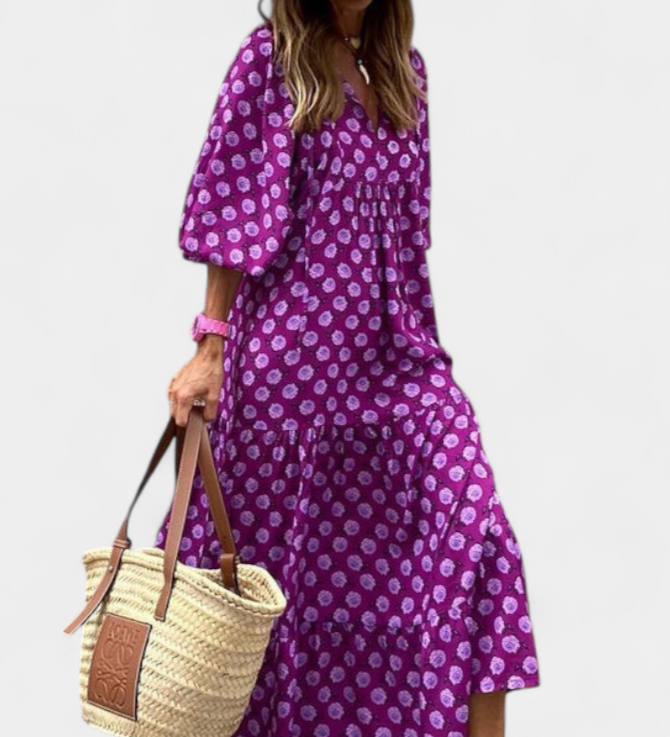 Robe Aroa Boho avec Imprimé Artistique et Silhouette Fluide