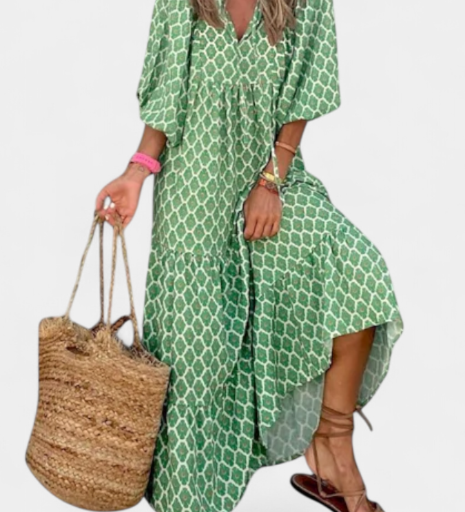 Robe Aroa Boho avec Imprimé Artistique et Silhouette Fluide