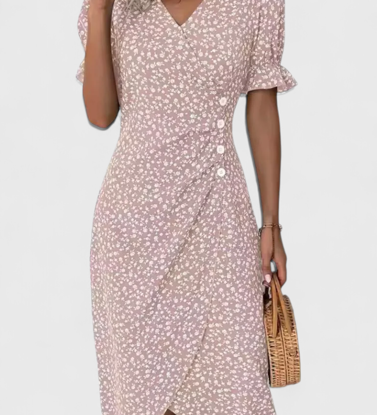 Robe Midi Florale Joana avec Décolleté en V et Manches Courtes