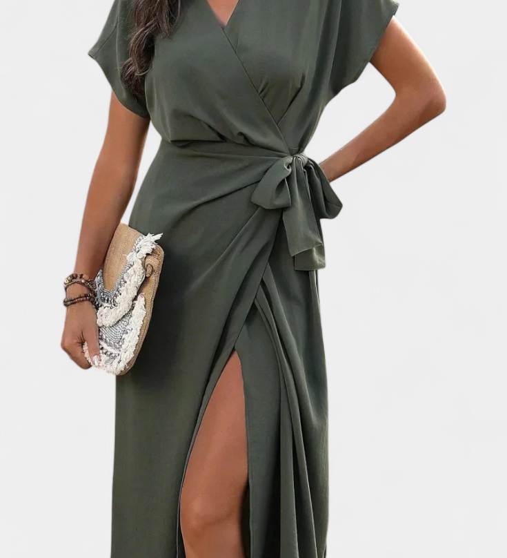 Robe Begoña Croisée avec Ceinture et Fente Subtile