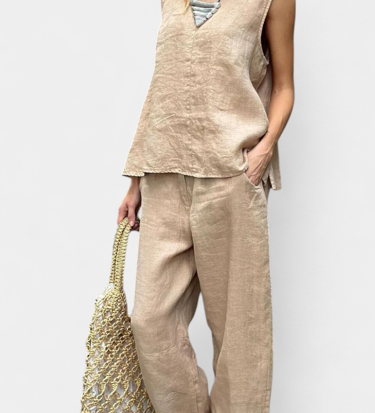 Ensemble Gilet Sans Manches et Pantalon en Lin Coton Leona