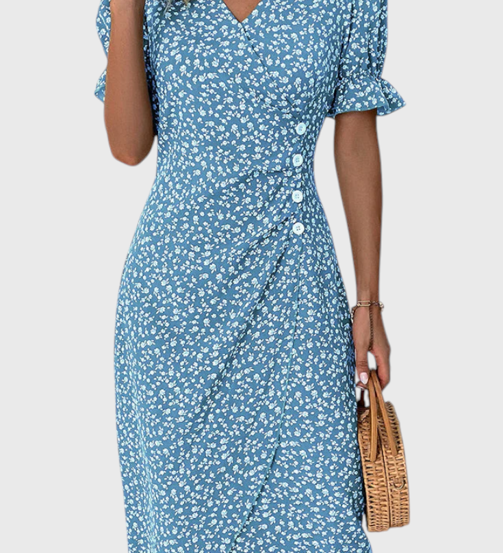 Robe Midi Florale Joana avec Décolleté en V et Manches Courtes