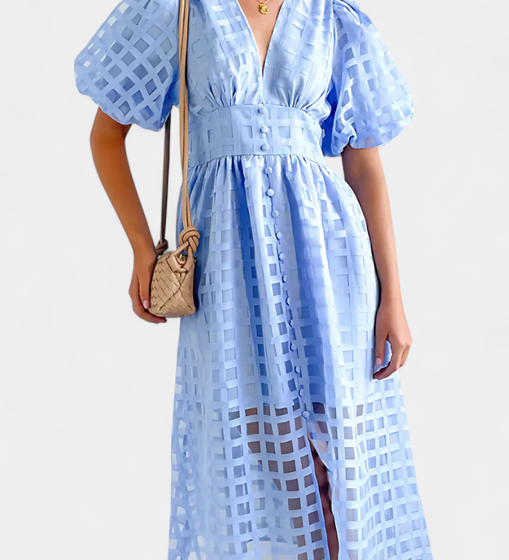 Robe Midi avec Manches Bouffantes en Marigold avec Motif à Carreaux