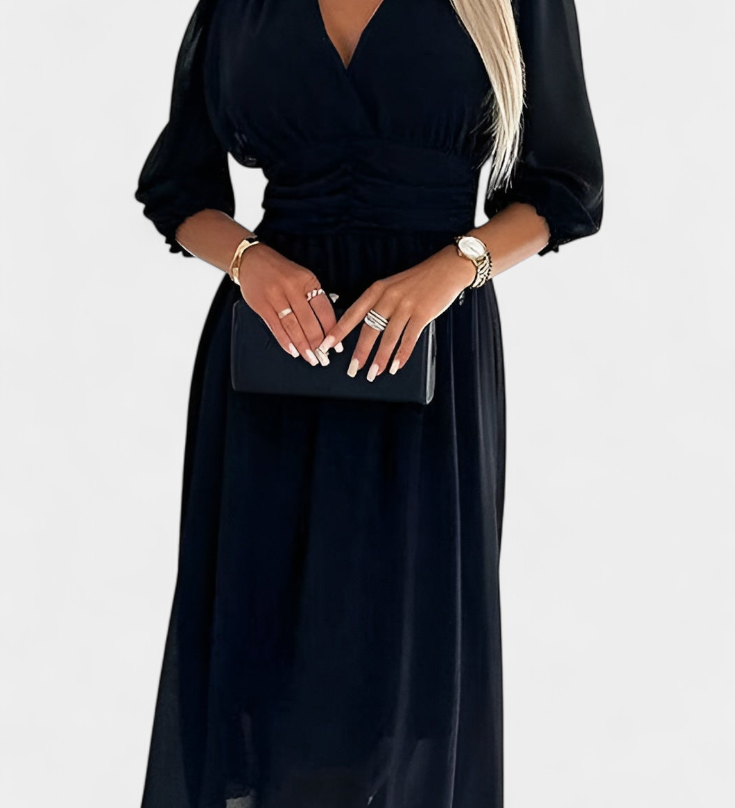 Robe Midi Élégante Dorina avec Décolleté en V et Manches Légères