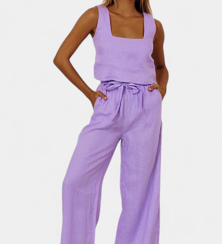 Ensemble en Lin Pascuala en Deux Pièces avec Blouse Sans Manches et Pantalon Fluide