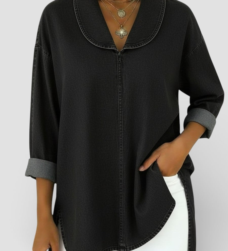 Alicia™ | Blouse en Denim Rétro avec Col Châle